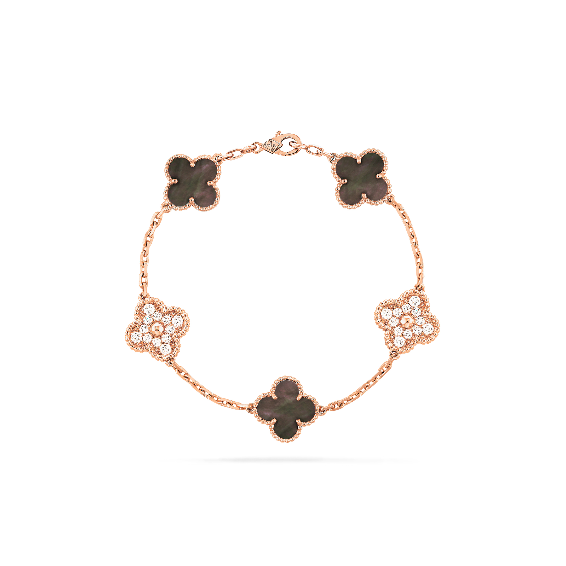 VAN CLEEF ARPELS VINTAGE ALHAMBRA BRACELET, 5 MOTIFS - ROSE GOLD, DIAMOND, MOTHER-OF-PEARL  VCARP2R100